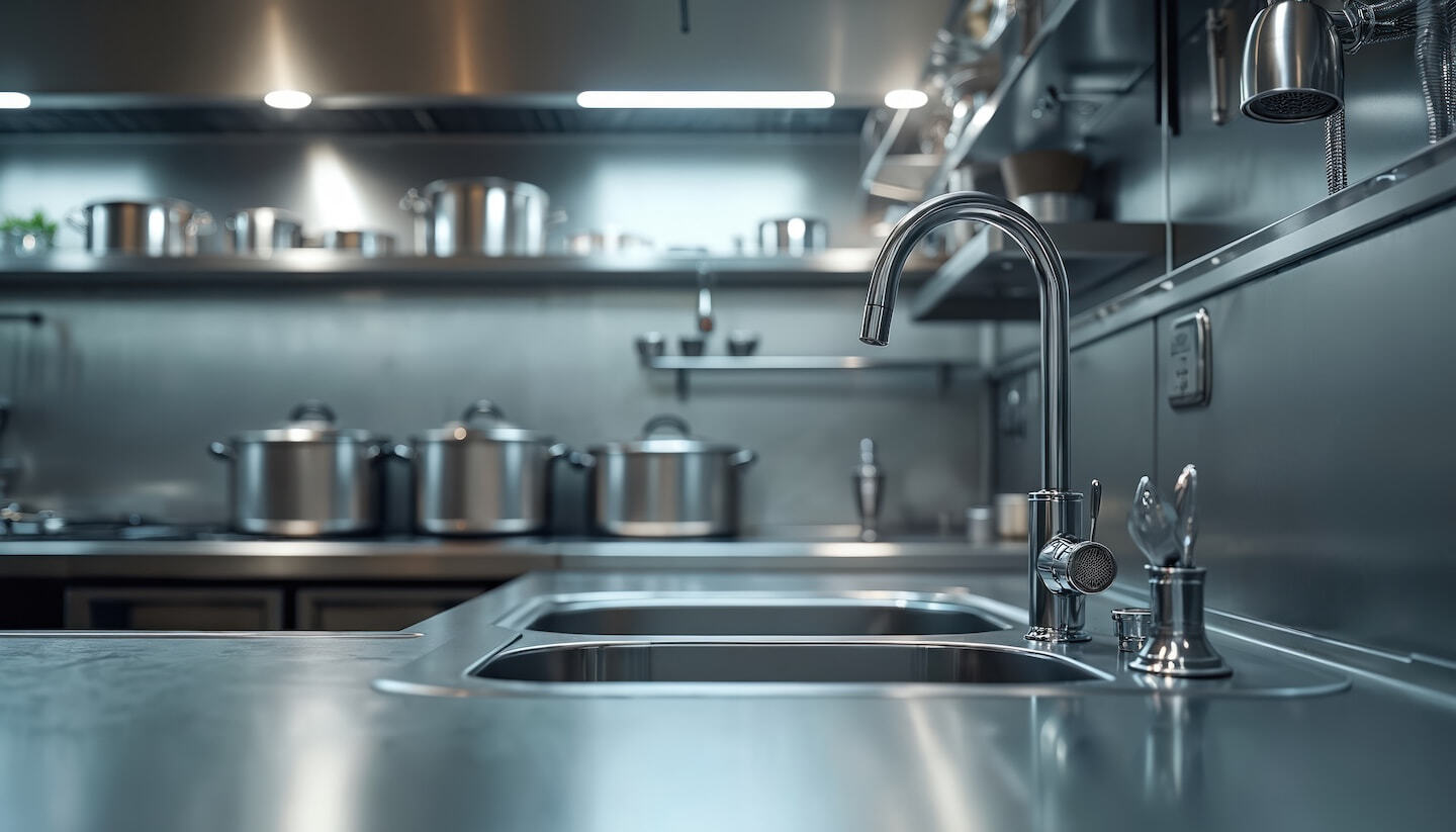 Commercial kitchen sink with stainless steel wall panel in background &ndash; Waterloo Paneling.