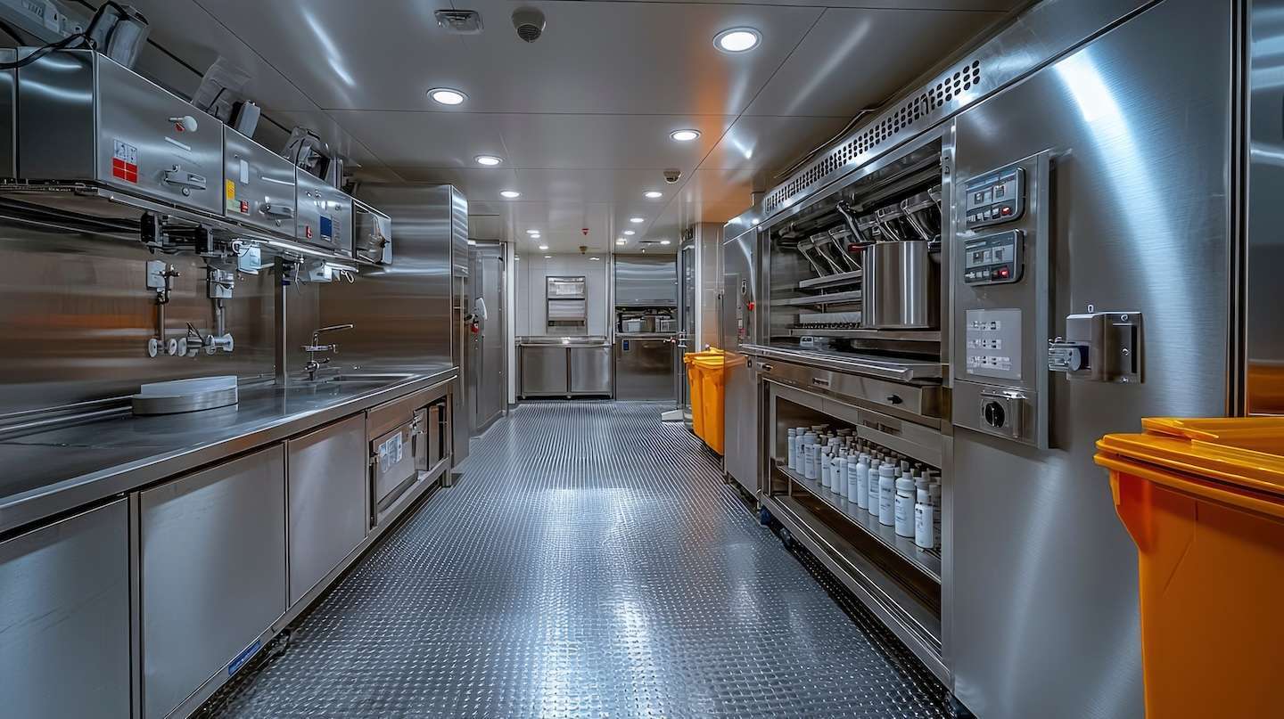 Industrial food prep area with full-coverage stainless steel wall panels and commercial workstations.