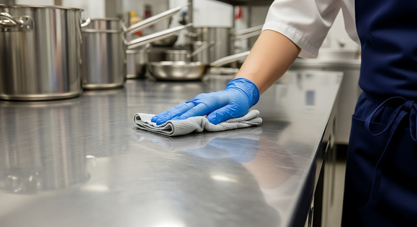 Staff member cleaning stainless steel surface with microfiber cloth and food-safe degreaser in a commercial kitchen.