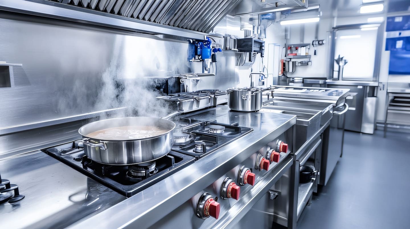 Stainless steel wall panels in a commercial restaurant kitchen with food cooking &ndash; Waterloo Paneling. 