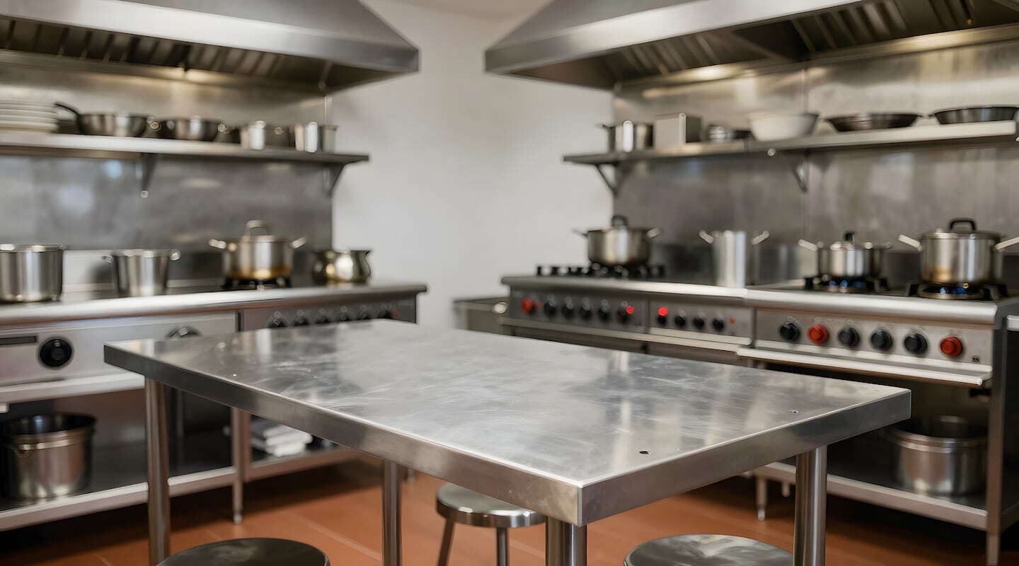 Stainless steel wall panels installed in a commercial kitchen behind the cooking island – Waterloo Paneling.