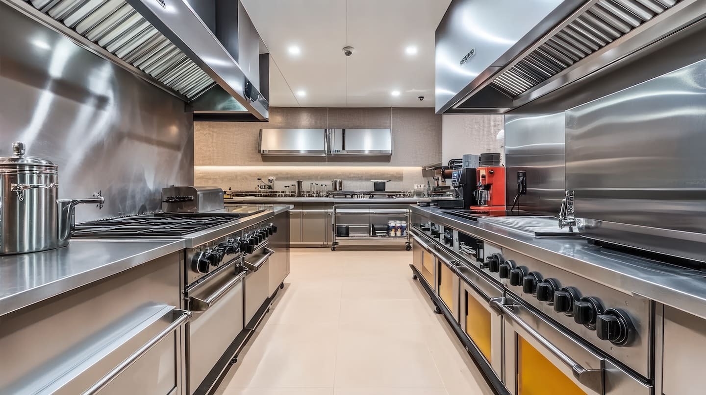 Stainless steel wall panels with stainless steel cooking area in a professional commercial kitchen &ndash; Waterloo Paneling