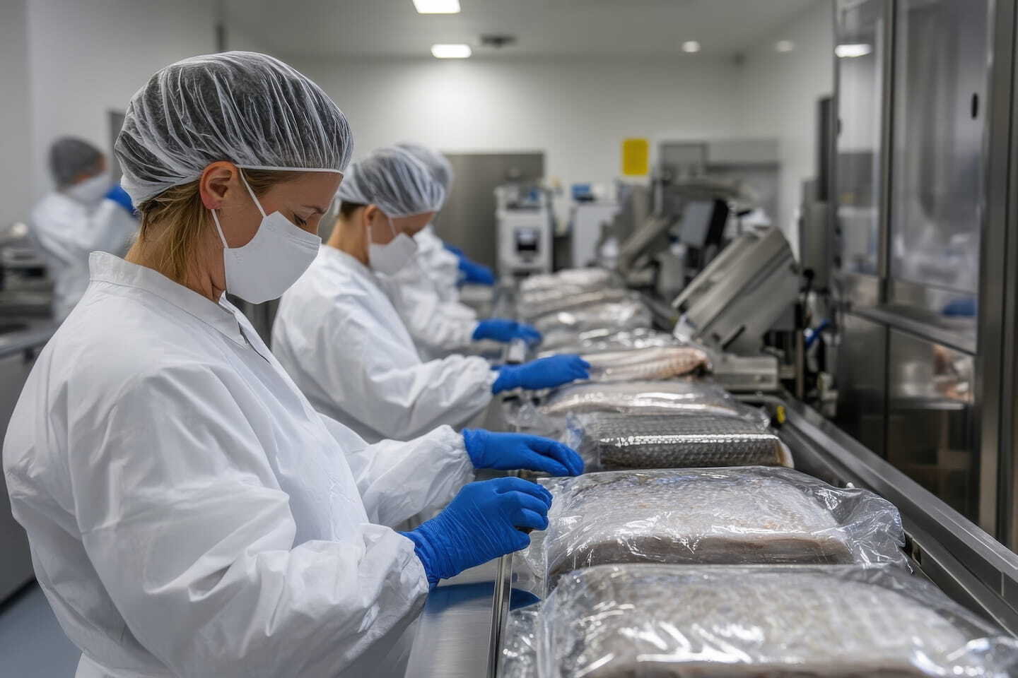 Workers diligently packaging fish in a food processing plant with Grade 316 stainless steel panels  &ndash; Waterloo Paneling.